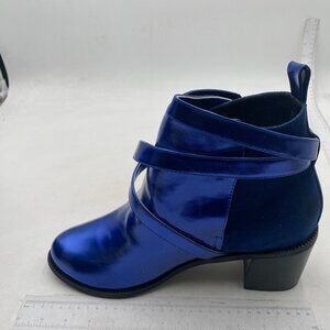Women Round Toe Ankle Boots Stacked Block Low Heel Booties Side Zipper Blue Shoe